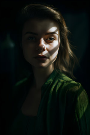 Portrait of a beautiful girl in a green dress in the darkの素材
