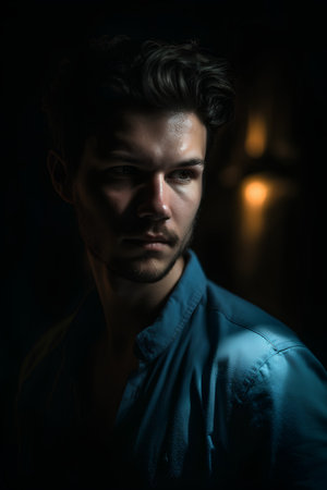 Portrait of a handsome young man in a blue shirt on a dark backgroundの素材