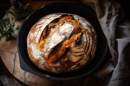 Freshly baked sourdough bread in a cast-iron panの素材