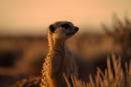 Meerkat standing on alert in the sunset, Kalahari desert, South Africaの素材