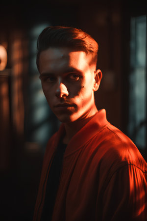 Portrait of a handsome young man in a red jacket. Men's beauty, fashion.の素材