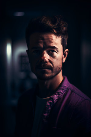 Portrait of a young man in a dark room. Men's beauty, fashion.の素材