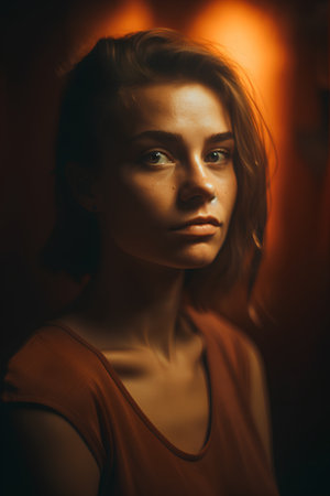 Portrait of a beautiful young woman in a dark room with lightsの素材