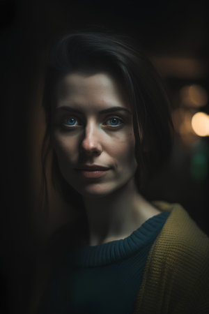 Portrait of a beautiful young woman with blue eyes in a dark roomの素材