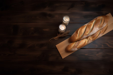 Baguette bread and candles on wooden background. Top view.の素材