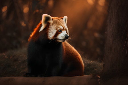 Red panda sitting on the ground in the forest at sunset.の素材