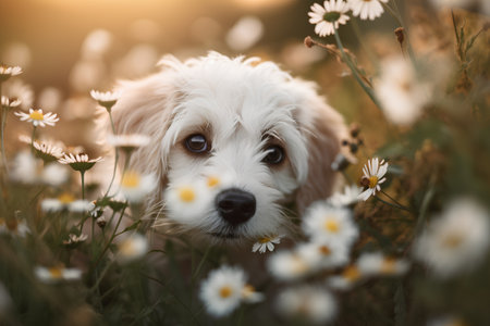 Cute white dog sitting in the field of daisies.の素材