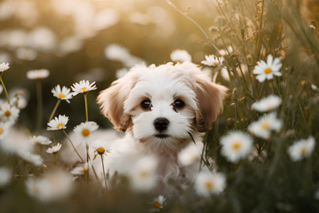 Cute little Maltese puppy sitting in the field of daisiesの素材