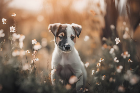 Portrait of a cute puppy on a background of flowers in the fieldの素材