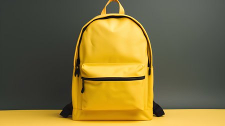 Yellow backpack on a yellow and gray background. Back to school concept.の素材