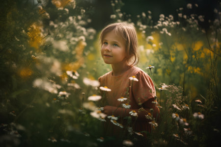 Little girl in chamomile field at sunset, retro tonedの素材