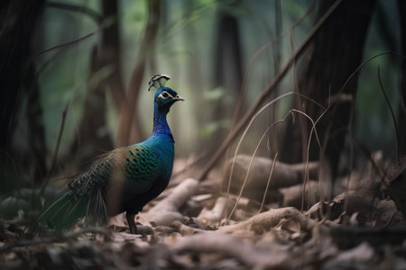Peacock in the forest, Thailand. (Pavo cristatus)の素材