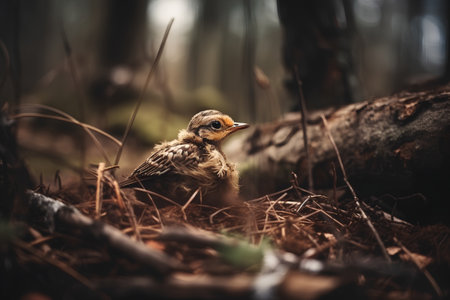 Baby bird in the forest. Selective focus. Toned.の素材
