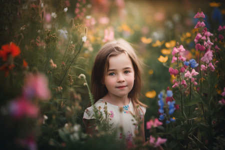 Portrait of a beautiful little girl in a field of wild flowersの素材