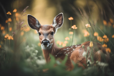 Fawn in the grass in the summer in the forest. Wild animalの素材