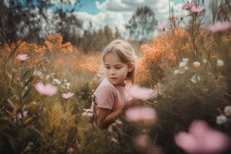 Beautiful little girl in a field of flowers. Selective focus.の素材