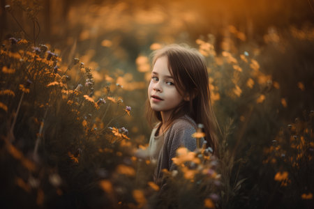 Beautiful little girl in the field with daisies at sunsetの素材