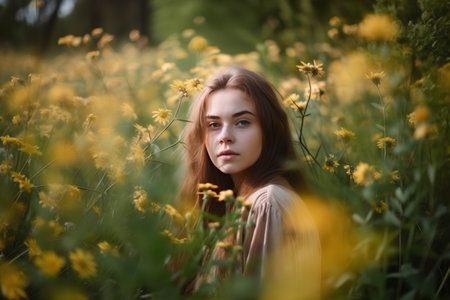 Portrait of a beautiful young girl in a field with yellow flowersの素材