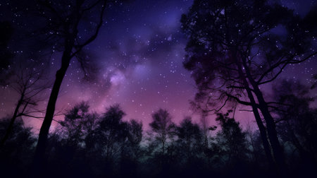 Purple night sky with stars and silhouettes of trees in the forestの素材