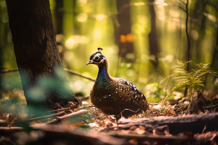 Beautiful peacock in the forest. Wildlife scene from nature.の素材