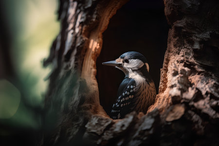 Close up of a Eurasian woodpecker in its nest.の素材