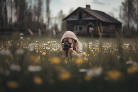 Young woman with camera on the field of camomiles in spring.の素材