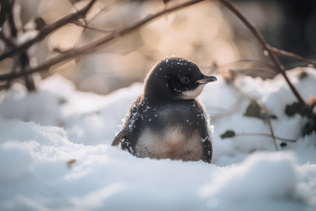Penguin sitting on the snow in the winter forest. Winter penguin.の素材