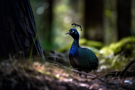 Beautiful peacock standing in the forest, closeup of photoの素材