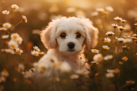 Cute white puppy in the field of daisies at sunsetの素材