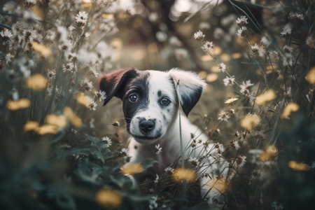 Portrait of a cute puppy on a background of wild flowers.の素材