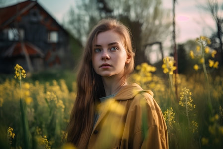 Young beautiful girl in yellow coat on a background of yellow flowers.の素材