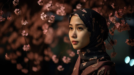 Portrait of beautiful asian muslim woman with sakura blossomの素材
