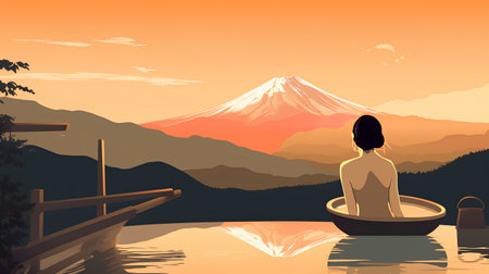 Beautiful woman sitting in a boat on the lake. Mountain Fuji at sunset.の素材