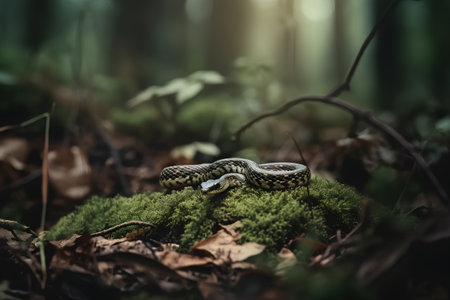 Grass snake on moss in the forest. Selective focus.の素材