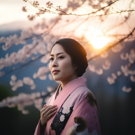 Beautiful asian woman in kimono with cherry blossomの素材