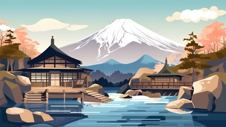Mt. Fuji in autumn season, Japan. Vector illustration.の素材