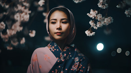 Portrait of a beautiful asian muslim woman in kimono and sakura blossom.の素材