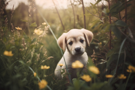 Cute Golden Retriever Puppy in the Field with Flowers.の素材