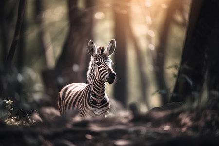 Zebra in the forest. Wildlife scene from Africa. Wild animal in natural habitat.の素材