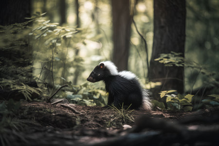 Portrait of a black crested skunk in the forest.の素材