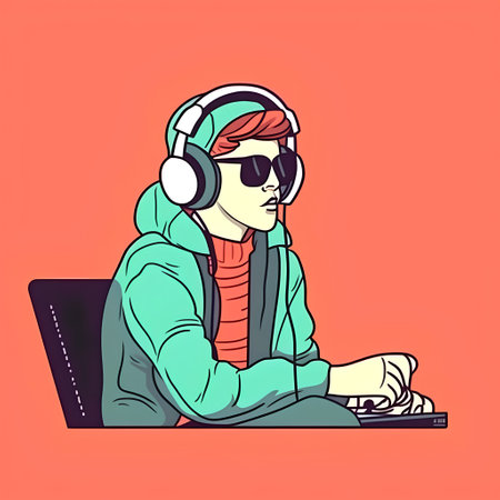 Young man with headphones listening to music on a laptop. Vector illustration.の素材
