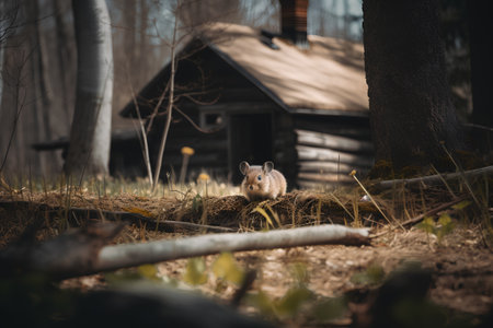 Squirrel in front of a wooden house in the forest in springの素材