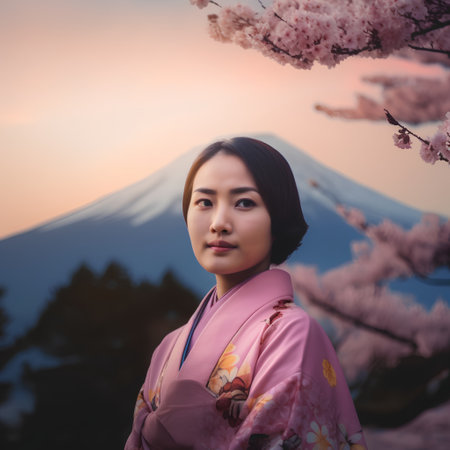 Young woman in kimono and cherry blossom in front of Mt Fujiの素材