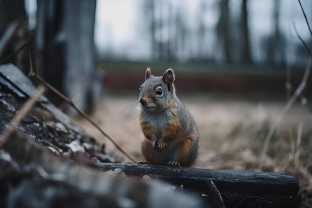 Squirrel sitting on a log and looking at the camera in the forestの素材