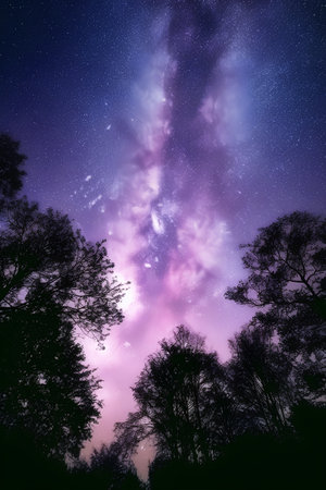 Milky Way over trees in the forest. Night sky with starsの素材