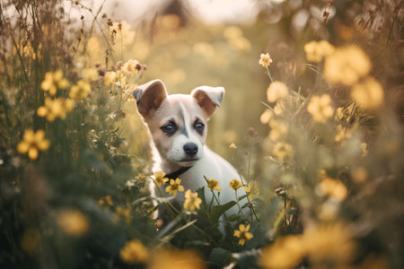 Chihuahua puppy sitting in the yellow flowers. Dog portraitの素材
