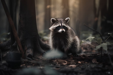 Portrait of a raccoon in the forest. Raccoon in the forest.の素材