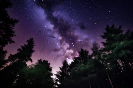 Milky Way and Pine Trees in the Forest. Night Sky.の素材