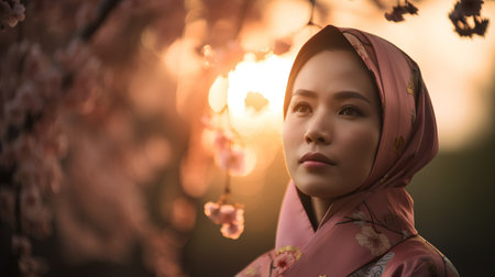 Portrait of beautiful asian muslim woman with hijab and cherry blossomの素材