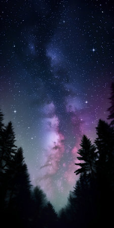 Fantastic night sky with stars and silhouettes of trees.の素材